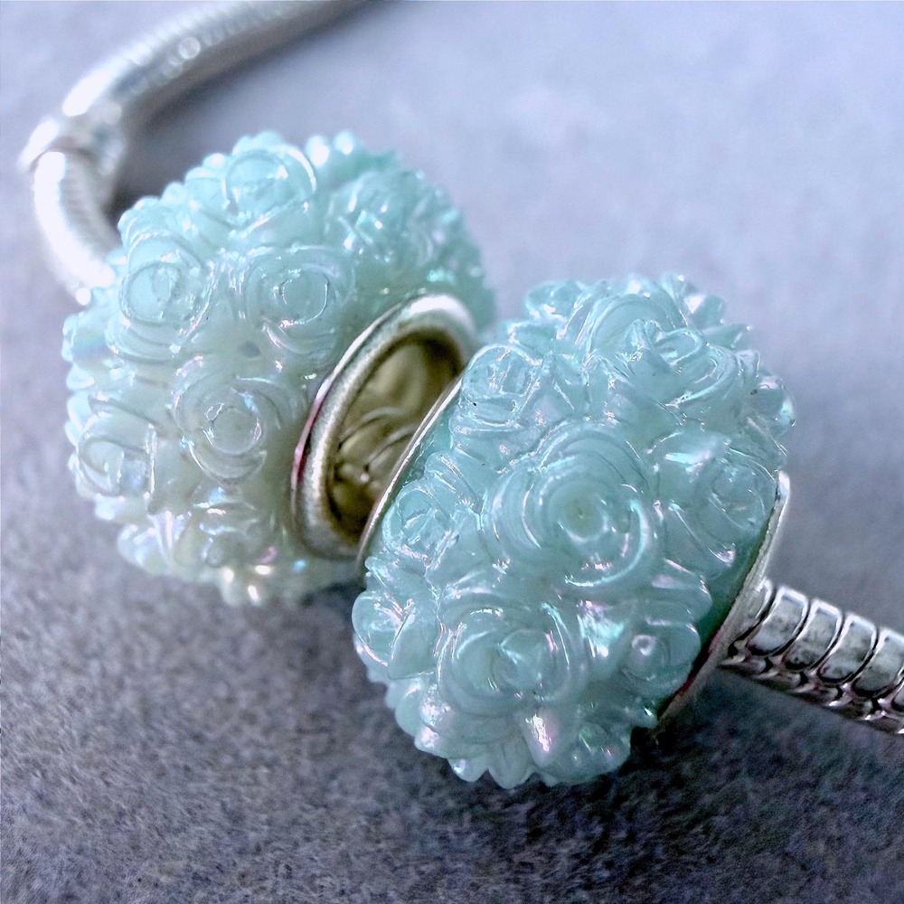 2 PCs Mint Green Iridescent Rose Flower Beads Floral Charm fits PANDORA